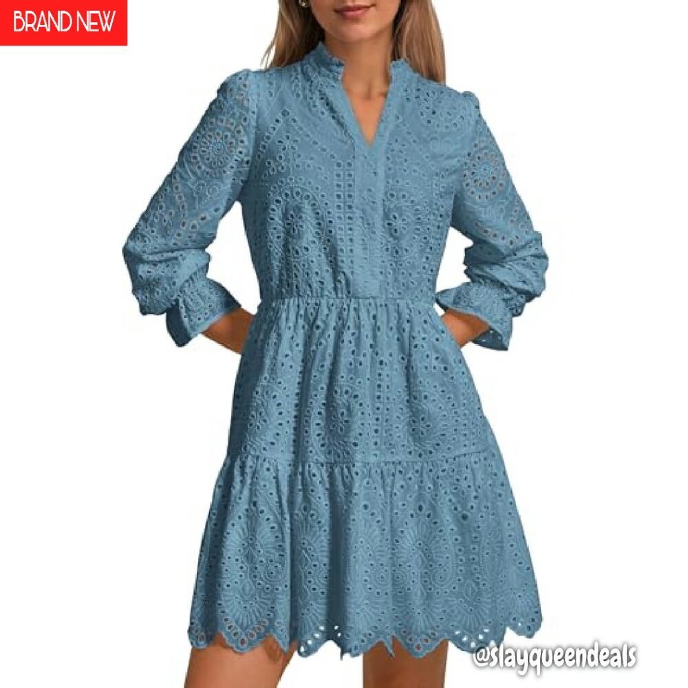 Long Puff Sleeve Mini Dress Lace V Neck A Line Ruffle Casual Party - Picture 2 of 8